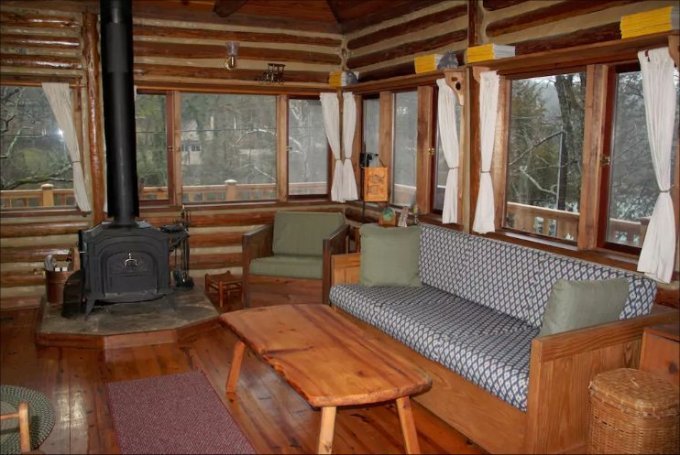 Lakeside mountain cabin interior